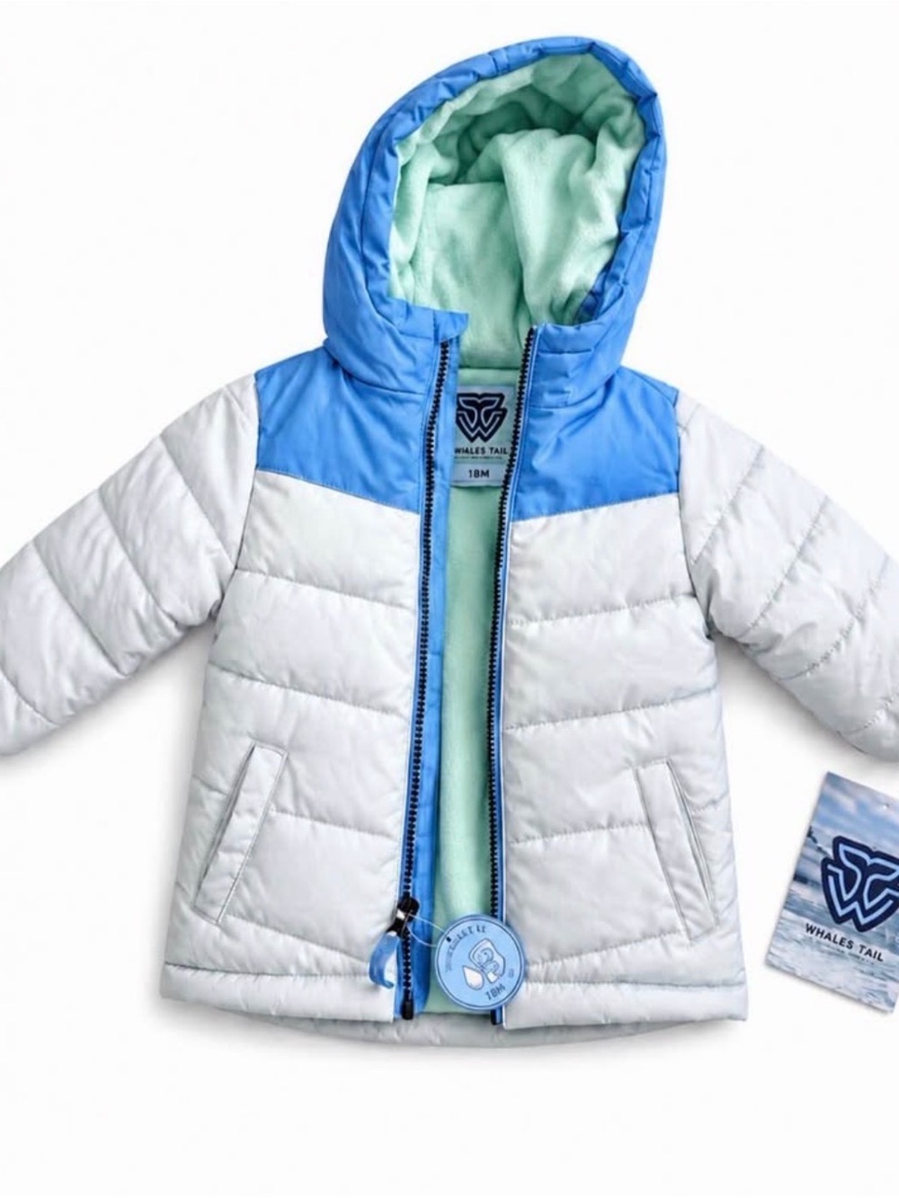 Kids Blue & White Whales Tail Puffer Jacket with Hood